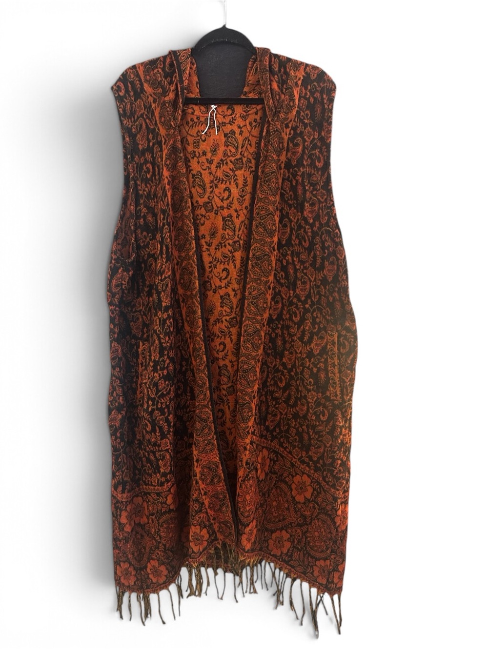 Long Hooded Burnt Orange & Black Paisley Fringe Vest with Pockets & Fringe S